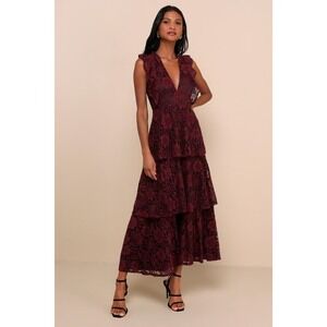 Lulus Molinetto Burgundy Lace Ruffled Tiered Sleeveless Maxi Dress Purple